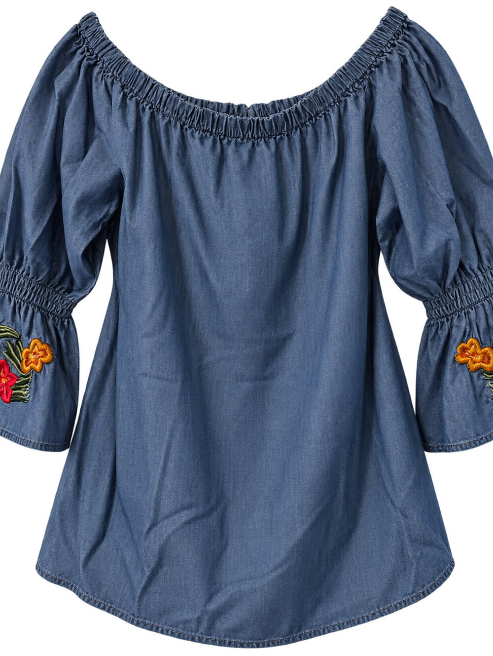 Chelsea & Theodore Tencel Chambray Off Shoulder Embroidered Bell Sleeve Top L